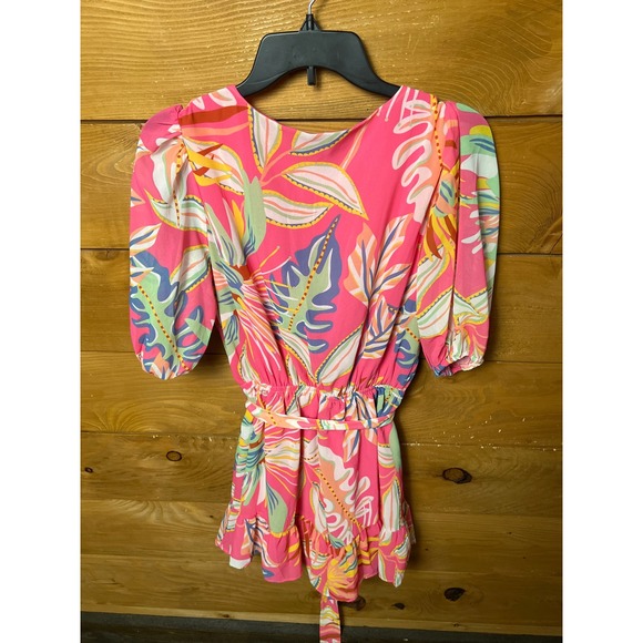 Flying Tomato‎ Pink Tropical Floral Wrap Romper Short Sleeve Tie Waist Cottage - Picture 9 of 10